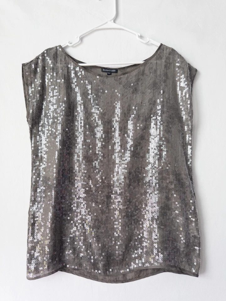 Blusa Eileen Fisher S Gris Lentejuelas Hada Manga Corta 100% Seda Discoteca Foto 1 de 4