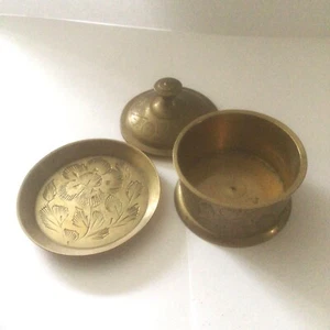 Antique Indian Gold Coloured Small Brass Pot with Lid and Tray 5cm Tall 6cm Wide - Picture 1 of 10