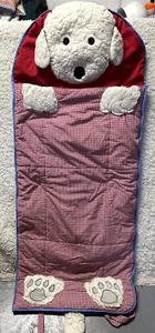 Pottery Barn Kids Shaggy Tan & White Puppy Dog Zip Up Sleeping Bag Red Gingham - Picture 1 of 8