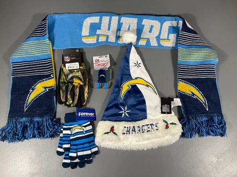 Los Angeles Chargers NFL Ultimate Fan Gift Lot Scarf, Hat, Team Gloves 2x, Sled Cover
