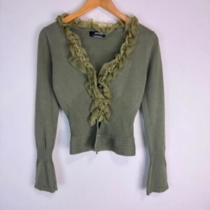 MORGAN DE TOI Y2K Knit Cardigan V-Neck Frills Earth-Color Pale-Green Secondhand - Picture 1 of 7