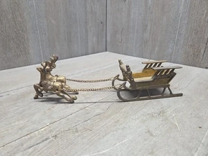 Vintage Brass Sleigh and Reindeer Christmas Decor Reindeer Pulling Sleigh - Picture 1 of 9
