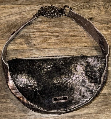 Sharif Purse Snakeskin Print Fur Chain Strap Metallic Silver Hobo Bag 13 X 7 - Image 1 of 4