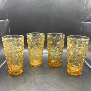 Four Vintage Modern Contemporary Lido Milano Amber Gold Tumbler Crinkle Glasses - Picture 1 of 8