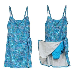 Lands' End Blue Floral Wrap Style One Piece Swim Dress Swimsuit with Side Tie - Picture 1 of 11