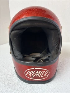 Casco de motocicleta cara completa de fibra de vidrio rojo escamas de metal Premier de colección de los años 70 • - Imagen 1 de 6