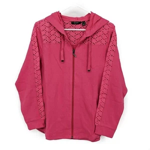 Susan Graver Weekend Washed French Terry Zip Front Hoodie w/ Lace Pink Size S - Picture 1 of 5