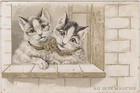 ANCIEN CHROMO PUBLICITAIRE AU BON MARCHE-COUPLE CHAT et CHATTE A RUBAN