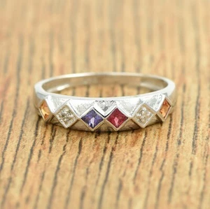 925 Sterling Silver Natural Multi Sapphire Square Cut Gemstone Ring Jewelry - Picture 1 of 3