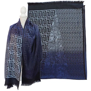 VERSACE SCARF SIGNATURE GREEK KEY MEDUSA WOOL LONG FOULARD UNISEX BLUE 76" x 29" - Picture 1 of 14