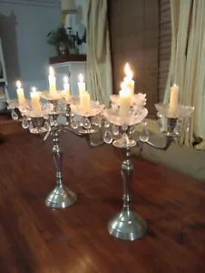 Pair Vintage 5 Cup Crystal Candelabras VGC 42x35cm - Picture 1 of 11