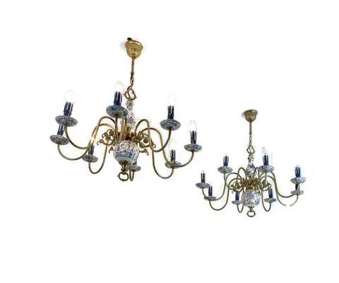 Couple Pair Chandeliers  8 Arms Lights Ceramic Porcelain  Delft Blue White Barn Cover