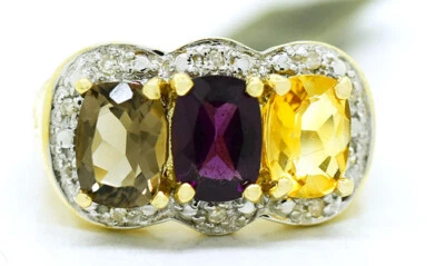 ANILLO TOPACIO AMARILLO GENUINO, AMATISTA, TOPACIO AHUMADO Y DIAMANTES ORO 10K * NUEVO CON ETIQUETAS * Foto 1 de 4