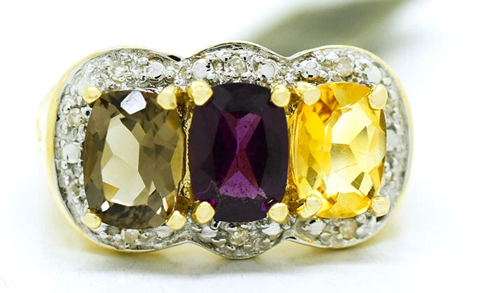 ANILLO TOPACIO AMARILLO GENUINO, AMATISTA, TOPACIO AHUMADO Y DIAMANTES ORO 10K * NUEVO CON ETIQUETAS * Foto 1 de 4