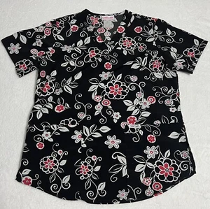 Blusa Médica Cherokee XS Negra Floral Cuello en V Manga Corta Uniforme Médico - Imagen 1 de 5