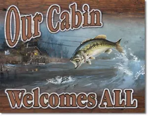 Our Cabin Welcomes All BLECHSCHILD Fisch Metall Wandbild Poster Dekor Welcome to 1667 - Bild 1 von 4