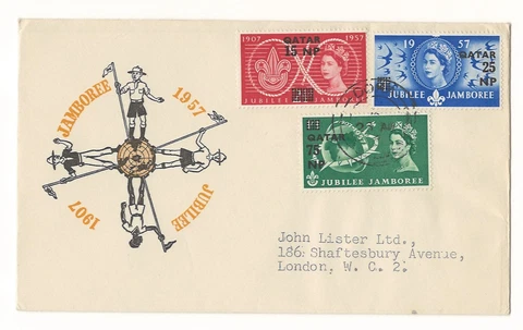 Qatar Postal History 1957 Cover Doha to London Scouts Jamboree Overprint Stamps Cover