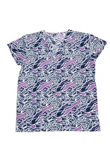 Womens Fashion Medical Nursing Scrub Tops Print Purple White Blue Shapes M - Picture 1 of 2