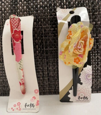 Kimono Pink Floral  & YellowFlower Hair  Clip, Long Upcycled 5” Hair Accessory - Image 1 of 2