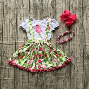 NEW Boutique Flamingo Suspender Skirt Girls Outfit Set - Picture 1 of 6