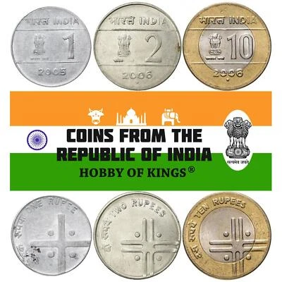 India | 3 Coin Set | 1 Rupee 2 10 Rupees | 2004 - 2007 - Image 1 of 2