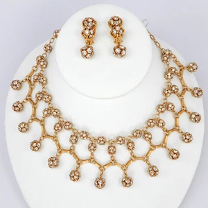 Vtg Crystal Rhinestone Gold Tone Waterfall Bib Necklace Omega Back Earrings Set - Picture 1 of 20