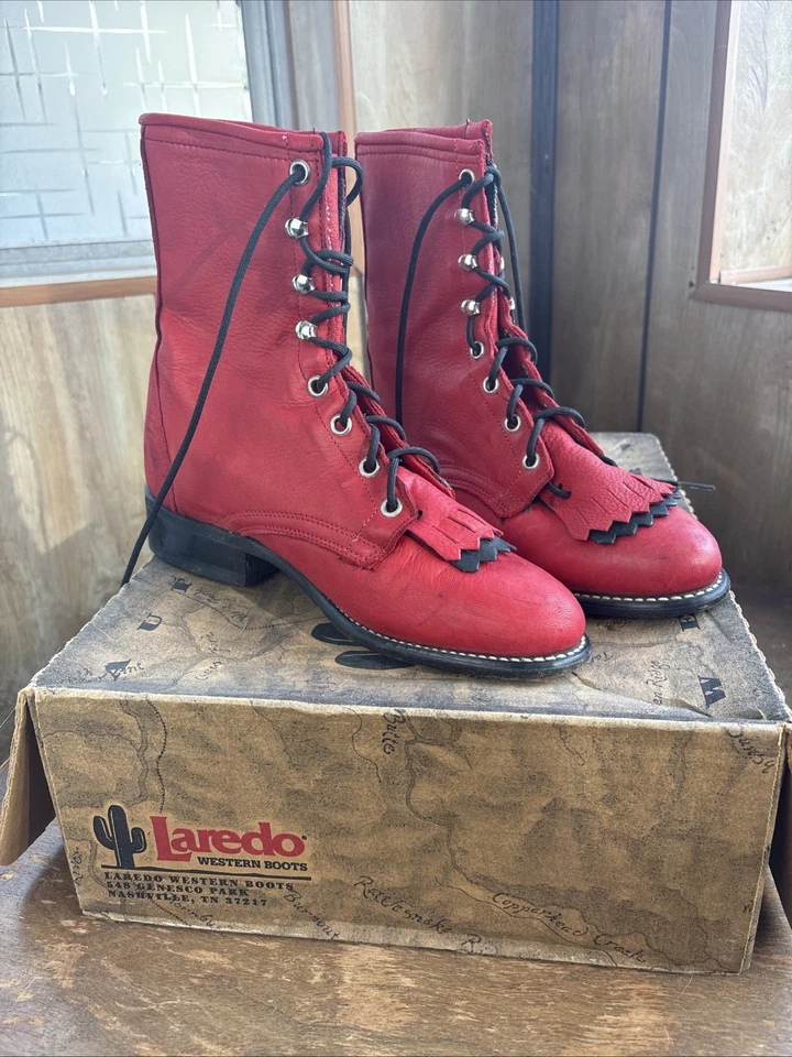 Botas ocidentais femininas Laredo couro vermelho tamanho 6 levemente usadas com caixa - Imagem 1 de 4
