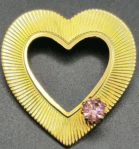 VTG Gold Tone Open Heart Floating Pink Rhinestone Pin Brooch Radiant Pattern  - Picture 1 of 18