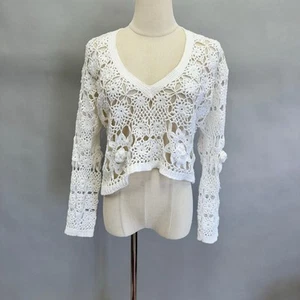 Vintage 90er weiß offen Häkel Strick Langarm Top Gr. Small Hippie Boho - Bild 1 von 15