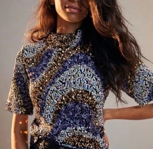 Top Anthropologie Maeve Lentejuelas Cuello Simulado Mujer’s M Multicolor Manga Corta Nuevo con Etiquetas - Imagen 1 de 13