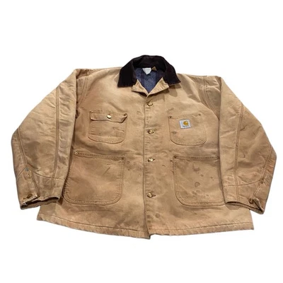 Vintage 90s Carhartt Chore Coat Tan Distressed Thrashed Faded Size Approx XL - Image 1 of 4