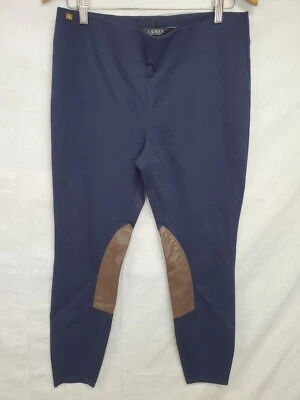 Pantalones Ralph Lauren talla L para mujer azul marino ecuestre marrón parche de cuero elástico Foto 1 de 4