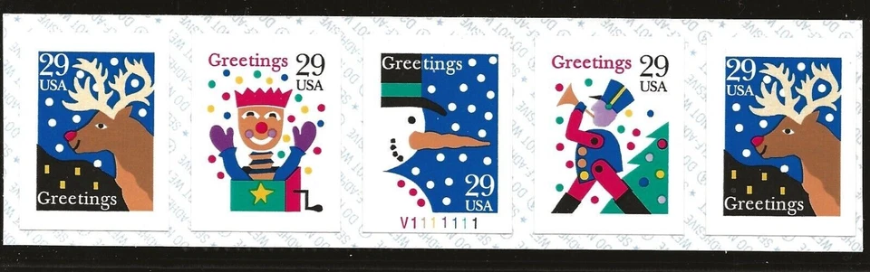 #2799-2802v Plate #V1111111 Coil strip of 5 stamps 1993 Christmas 29 cent MNH OG - Image 1 of 1