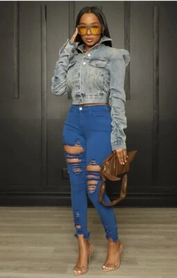 Machine Mode Womens Royal Blue Lowrise Distressed Skinny Jeans 28X29 NWT Sz. 5 - Image 1 of 4