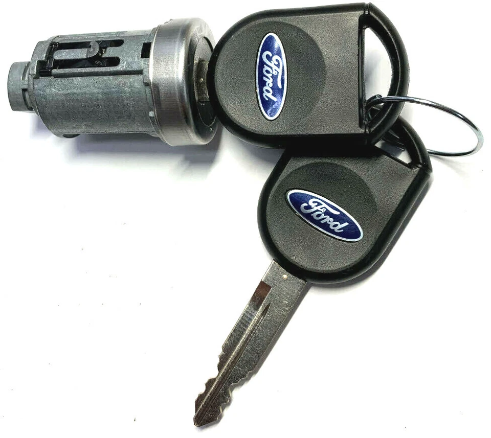 FOR FORD OEM IGNITION SWITCH LOCK CYLINDER W/2 TRANSPONDER CHIPPED BLUE LOGO KEY - Image 1 of 4