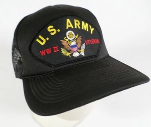 US Army Hat Cap WWII Veteran Military Patch Snapback Mesh Foam Trucker Black Vtg - Picture 1 of 6