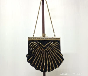 Bolso de Hombro Vintage Magid Para Mujer Negro Dorado Con Cuentas Cartera con Cadena - Imagen 1 de 8