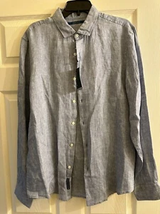 NWT Perry Ellis Men Chambray Blue 100% Linen Shirt Large - Picture 1 of 3