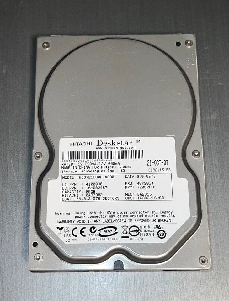 LENOVO Hitachi 40Y9034 41R0030 0A33982 80GB SATA 3.5 HARD DRIVE HDS721680PLA380 - Image 1 of 1