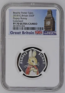 2018 Great Britain 50p Flopsy Bunny Colorized Beatrix Potter NGC 70 Ultra Cameo - Picture 1 of 2