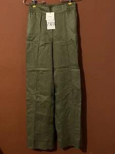 100% LINEN WIDE-LEG TROUSERS Womans Size XS Pockets 100% Linen Olive Green - Picture 1 of 12