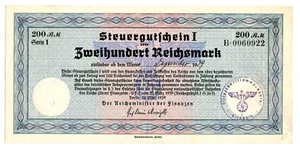 Germany 200 RM Steuergutschein I 1939 aUNC Tax Certificate New Finance Plan - Picture 1 of 2