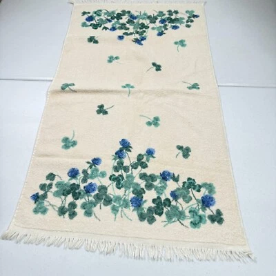 vintage dundee bath towel blue green floral cotton fringe mcm retro 70s - Image 1 of 4