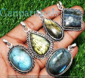 Labradorite Gemstone 5pcs Wholesale Pendant Lots 925 Silver Plated Jewelry - Picture 1 of 4