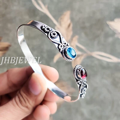 Brazalete brazalete de plata de ley 925 con piedras preciosas de topacio azul granate y joyería Foto 1 de 4