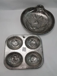 3 VTG Halloween Pumpkin Jack O Lantern Face Aluminum 2 Mini Cake Muffin Pans - Picture 1 of 8