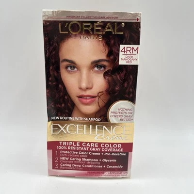 Color de cabello permanente crema L'Oreal Paris Excellence #4RM rojo caoba oscuro 1 paquete Foto 1 de 4