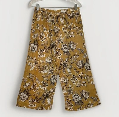 Elie Tahari 尺寸小号裁剪裤子拉金色黑色白色薄纱花卉亚麻 — 第 1/4 张图片