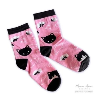 New Sweet Meow Black & Pink Cat Kitten Kitty Clouds Moon Lady Woman's Socks 7-10 - Picture 1 of 3