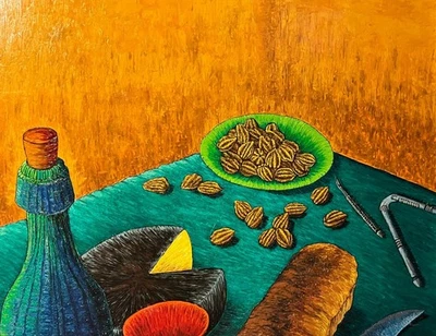 Arte expresionista vintage 1961 naturaleza muerta pintura al óleo vino queso pan y nueces Foto 1 de 4